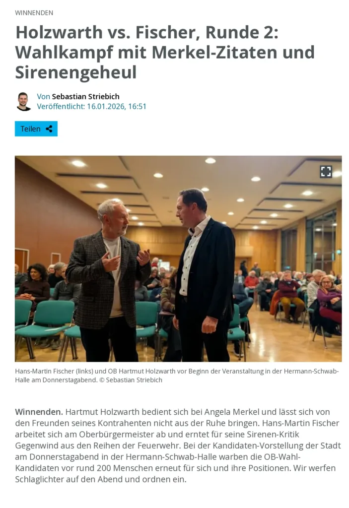 So berichtet die Winnender Zeitung zur öffentlichen Kandidatenvorstellung